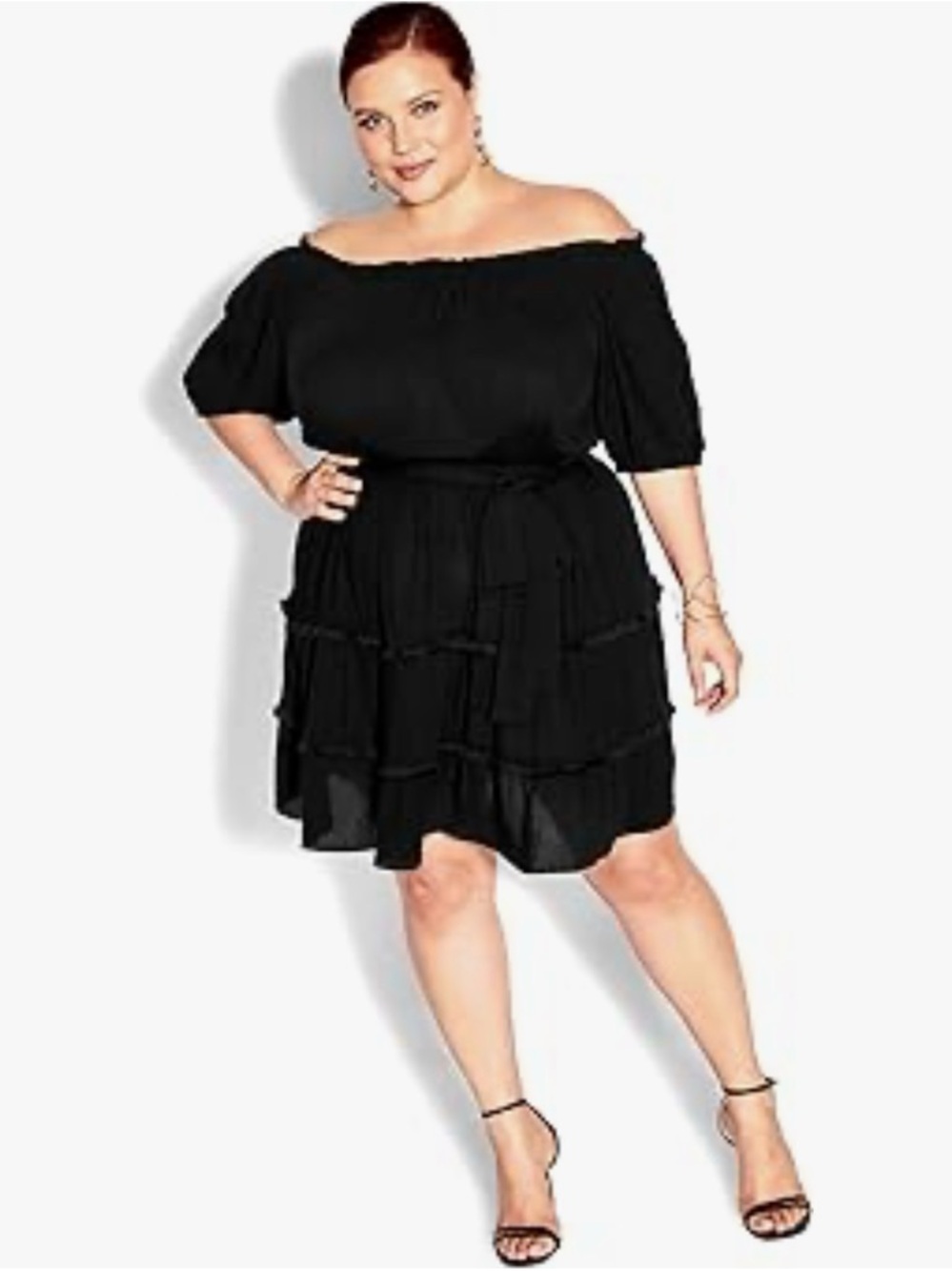 City Chic Black Off-Shoulder Tiered Mini Dress